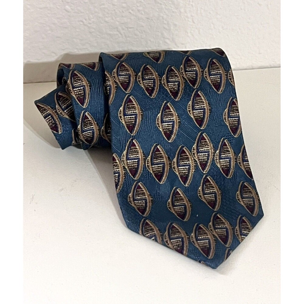 MBP 100% Silk Neck Tie Teal Tan Geometric Medallion Pattern Made In USA